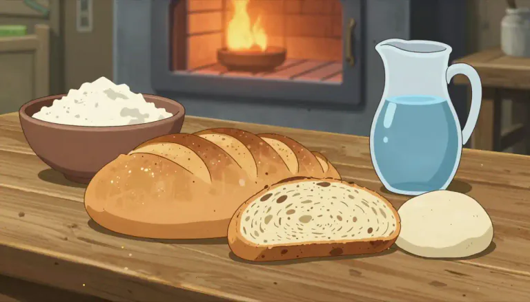 Visual representation of "bread" - A type of food made of flour, water, and usually yeast or another leavening agent, mixed together and baked.
