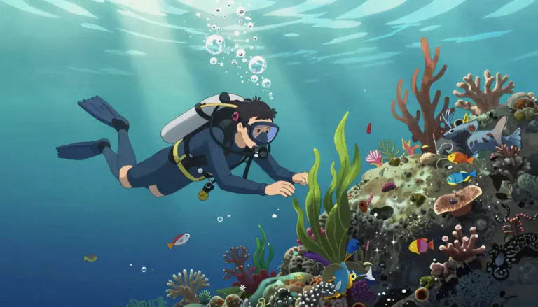 Visual representation of "underwater" - Located, done, or happening beneath the surface of water