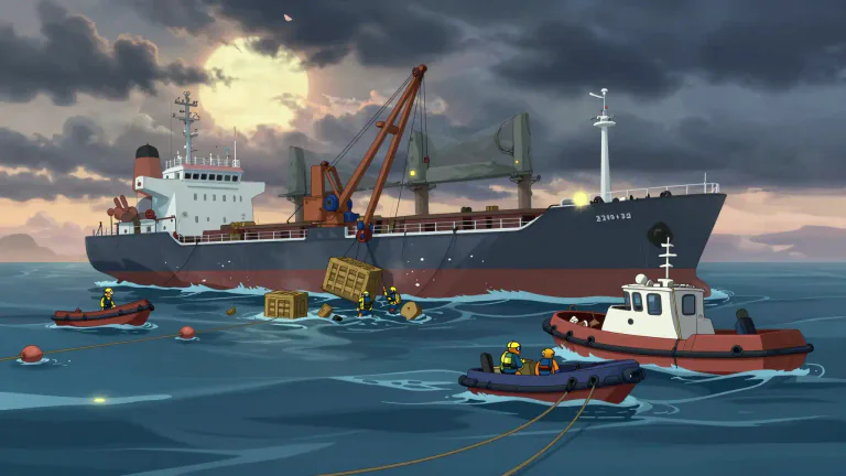 Visual representation of "salvage" - The act or process of saving a ship or goods found at sea.