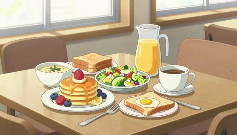Visual representation of "brunch" - A meal eaten in the late morning, combining both breakfast and lunch