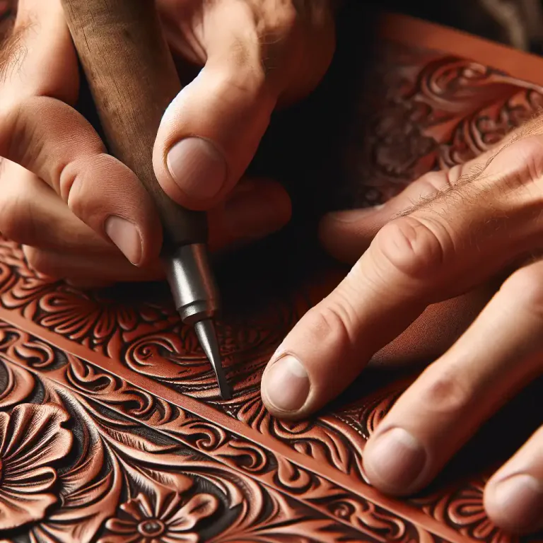 Visual representation of "tooled" - To ornament with a design using a hand tool.