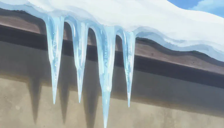 Visual representation of "icicle" - A long pointed piece of ice hanging down from a surface