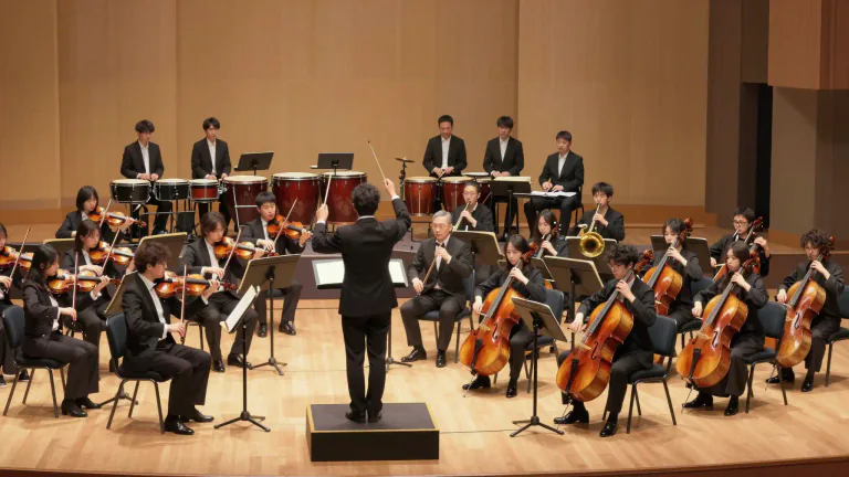Visual representation of "orchestra" - A large group of musicians who play different kinds of musical instruments together.