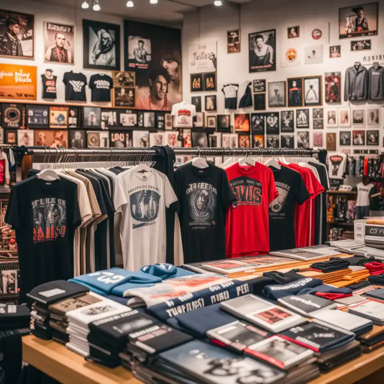 Visual representation of "merchandising" - Products that are connected with a popular movie, music group, etc., that fans can buy