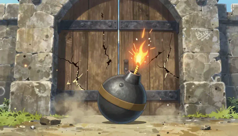 Visual representation of "petard" - A small bomb used for blowing up gates and walls when breaching fortifications.