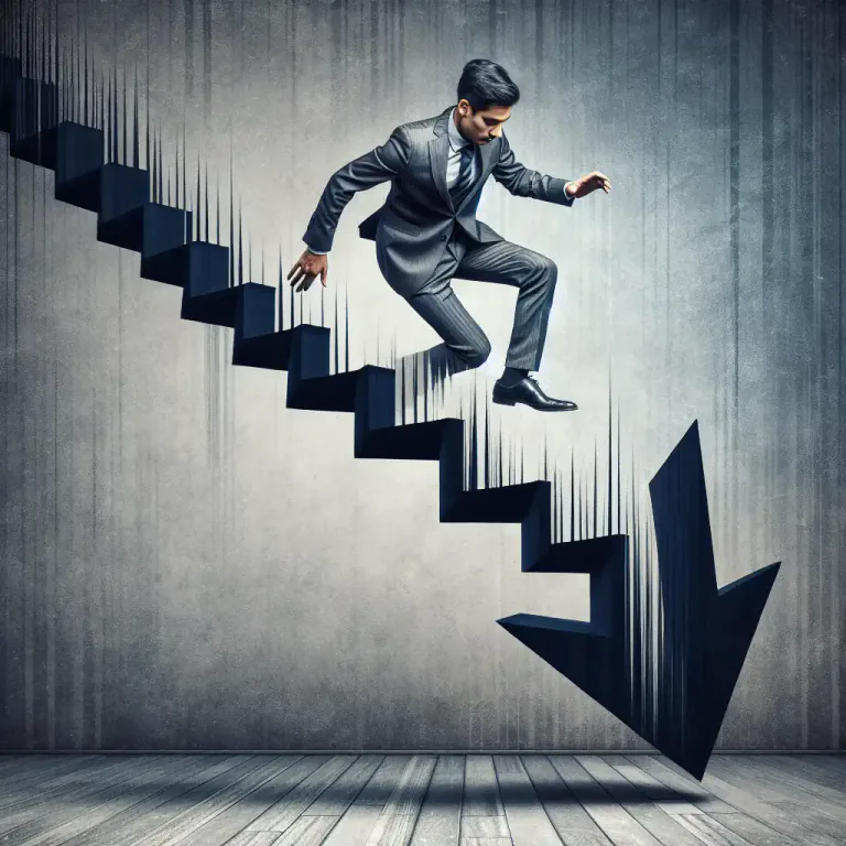 Visual representation of "fall" - A loss of control or status, a decline in power
