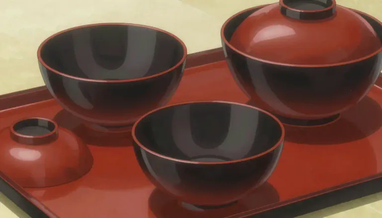 Visual representation of "lacquerware" - Items that are coated with lacquer, a type of glossy finish.