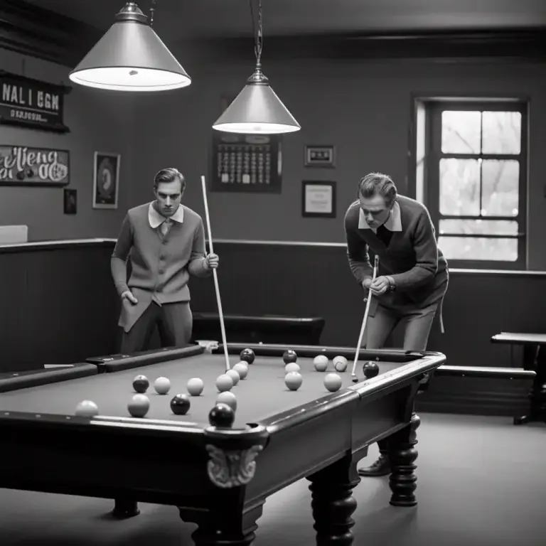 Visual representation of "pool" - A game with numbered balls and a long stick.