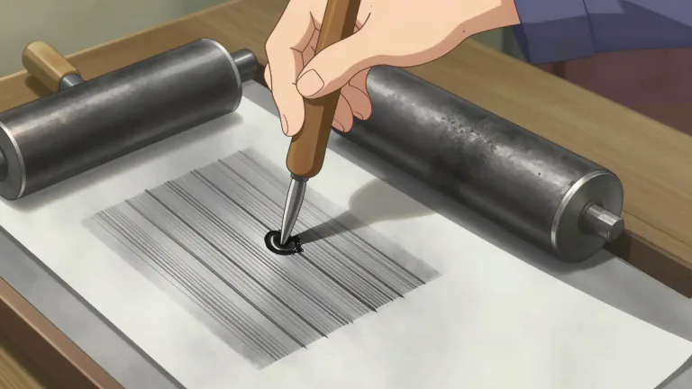 Visual representation of "intaglio" - Intaglio is a printmaking technique in which an image is incised into a surface, and the incised areas hold ink.