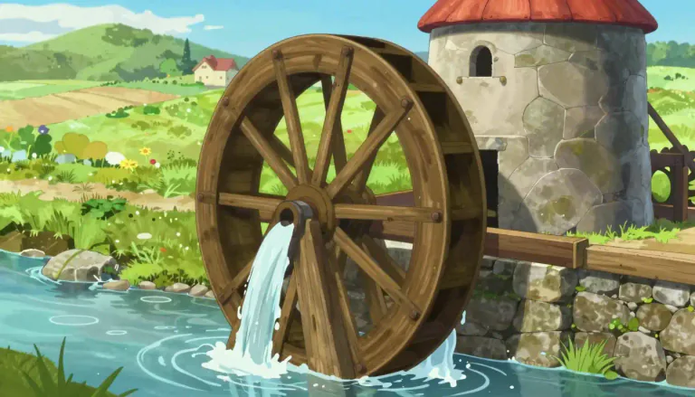 Visual representation of "waterwheel" - A large wheel that is moved by water, used historically to power machines or mills.