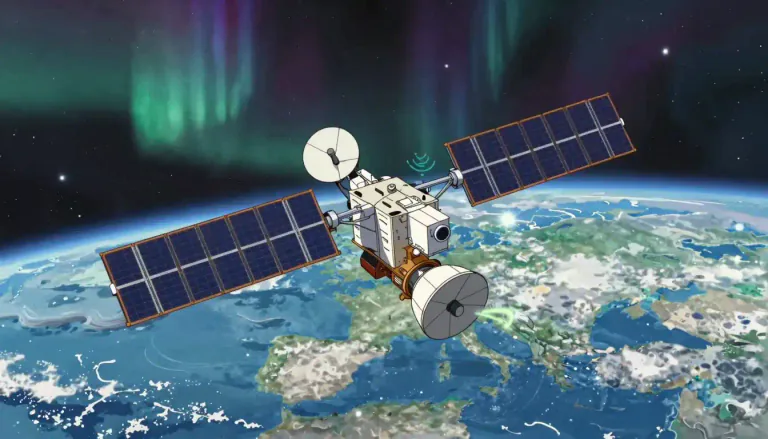 Visual representation of "satellite" - A machine that is sent into space and moves around the earth, moon or another planet. It is used for collecting information or for communication.