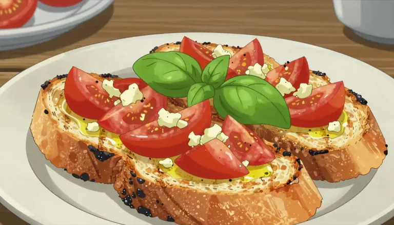 Visual representation of "bruschetta" - An Italian appetizer consisting of grilled bread, usually topped with a mixture of chopped tomatoes, garlic, basil, and olive oil.