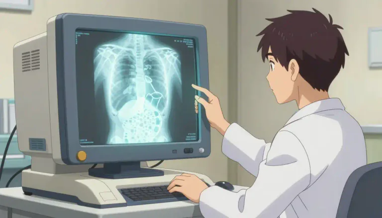 Visual representation of "fluoroscope" - A device that uses a fluorescent screen to project moving images of internal body structures.
