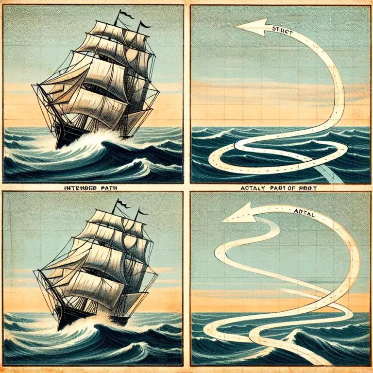 Visual representation of "leeway" - The sideways drift of a ship or an aircraft to the leeward (downwind) of the desired course