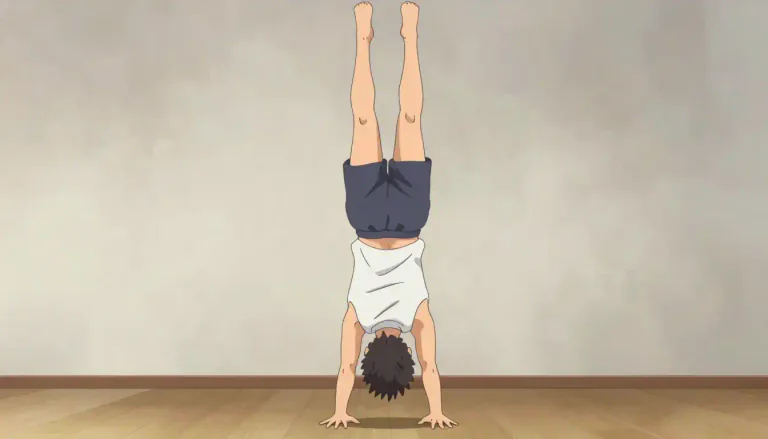 Visual representation of "handstand" - A physical position in which a person is upside down, supported by their hands, with their feet off the ground.