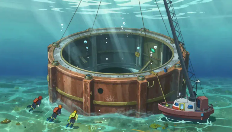 Visual representation of "caisson" - A large waterproof chamber used in underwater construction, which can be floated into position and sunk to the seabed.