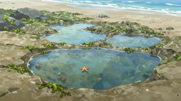 Visual representation of "tidepool" - A tidepool is a shallow pool of seawater found on the shore, typically formed by the receding tide.