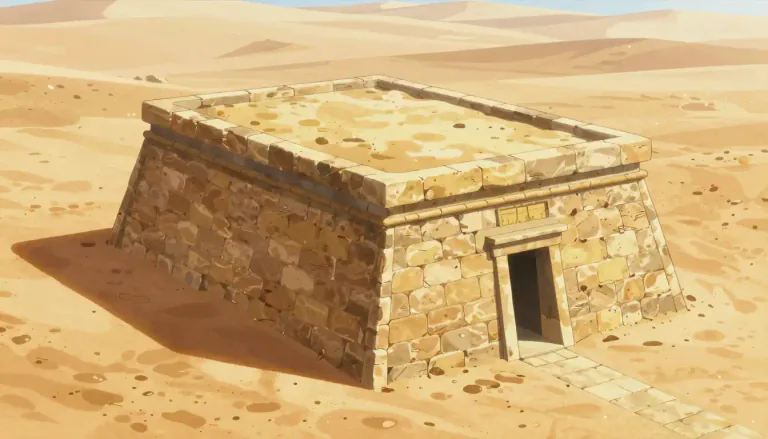 Visual representation of "mastaba" - A rectangular tomb with a flat roof and sloping sides, commonly found in ancient Egypt, used for burial and as a place for offering rituals.