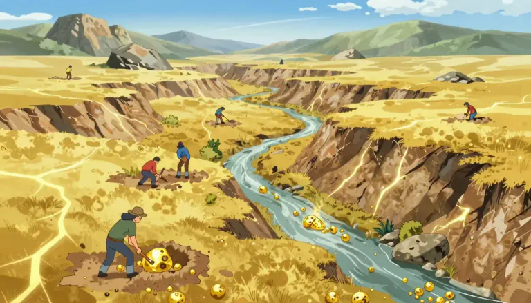 Visual representation of "goldfield" - A region where gold is found and extracted.