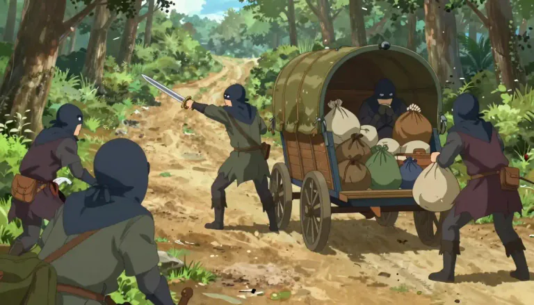 Visual representation of "banditry" - The act of robbery or crime committed by a bandit or group of bandits.