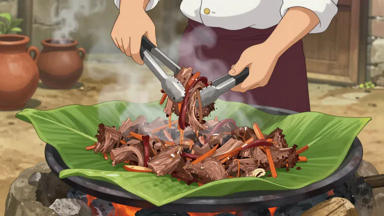 Visual representation of "barbacoa" - A traditional Mexican dish made by slow-cooking meat, usually beef, in a pit or underground, resulting in tender, flavorful meat.