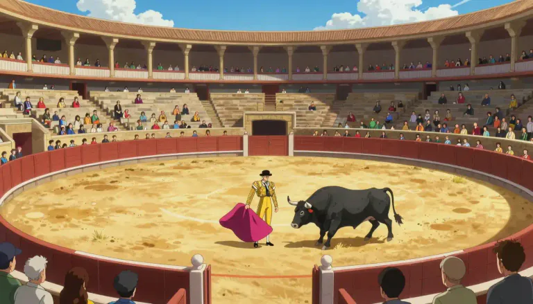 Visual representation of "bullring" - A circular arena for the spectacle of bullfighting, where matadors perform.