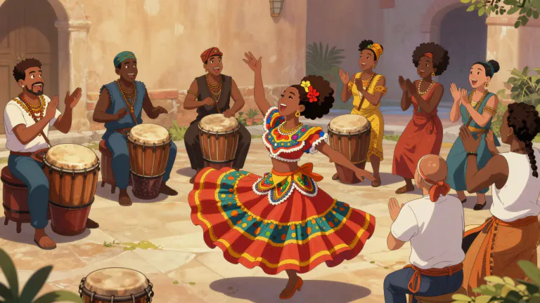Visual representation of "bomba" - A genre of Afro-Puerto Rican folk music and dance, characterized by its rhythmic percussion and call-and-response style.