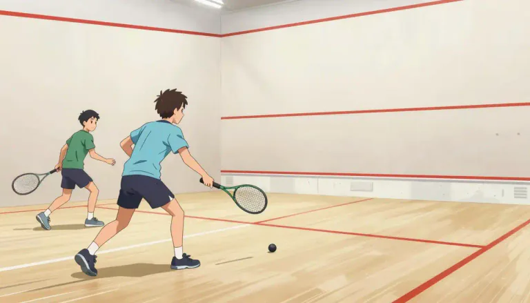 Visual representation of "squash" - A game in which two players use rackets to hit a small, rubber ball against a wall.