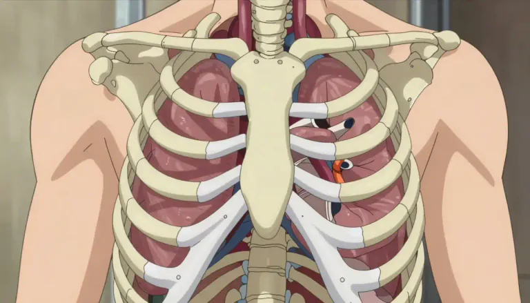 Visual representation of "rib" - One of the curved bones in your chest that form a cage to protect your heart and lungs