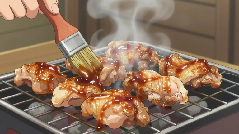 Visual representation of "teriyaki" - A Japanese cooking style where food is grilled or broiled while being basted in a sauce made of soy sauce, sake, and sugar.