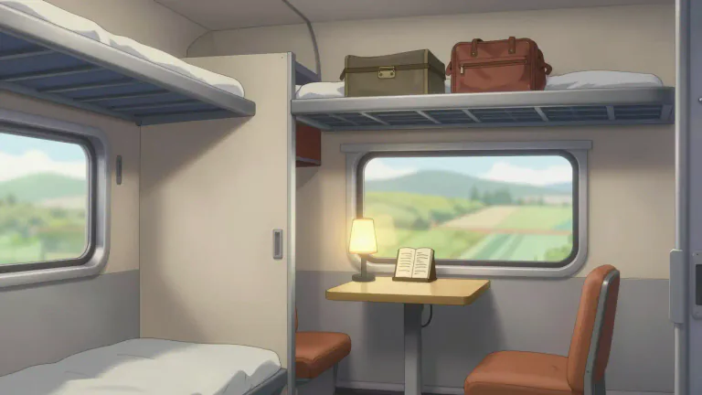 Visual representation of "roomette" - A small private compartment on a train designed for one or two passengers, offering basic amenities for sleeping or relaxing during the journey.