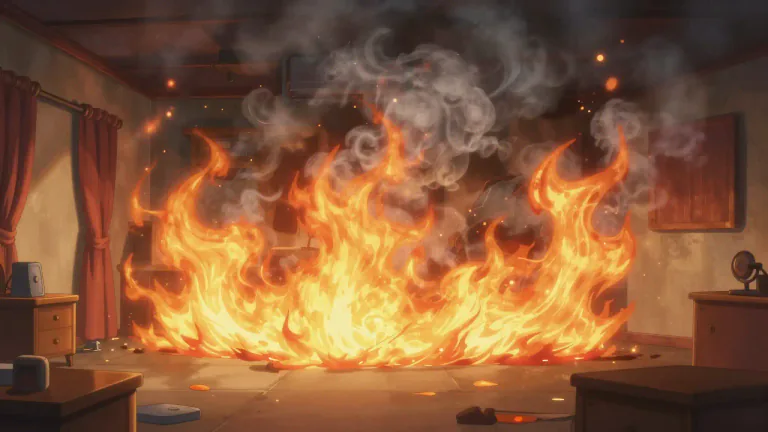 Visual representation of "flashover" - Flashover is a fire phenomenon where the entire combustibles in a space ignite simultaneously due to accumulated heat, smoke, and gases.