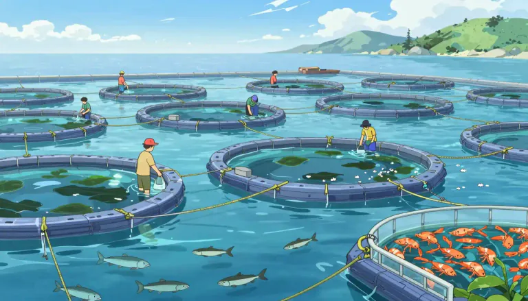 Visual representation of "aquaculture" - The farming of aquatic organisms, including fish, crustaceans, and aquatic plants, in controlled environments.
