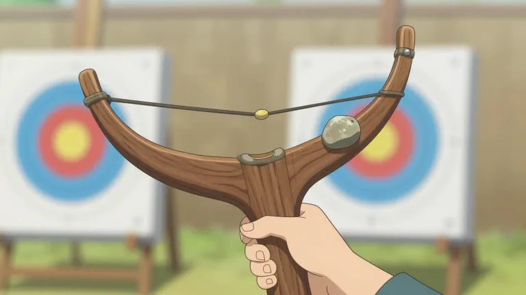 Visual representation of "slingshot" - A device consisting of a Y-shaped frame with an elastic band used for shooting small stones or other projectiles.