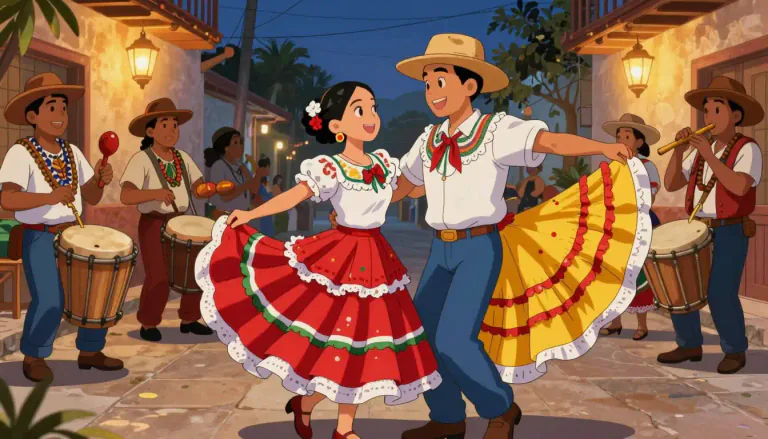 Visual representation of "cumbia" - A joyful and lively style of music and dance that originated in Colombia, influenced by African, native, and Spanish sounds.