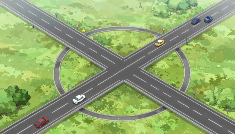 Visual representation of "cloverleaf" - A type of road junction where two highways intersect with a series of ramps, designed to improve traffic flow.