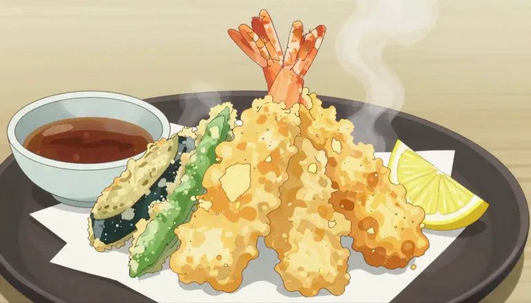 Visual representation of "tempura" - A Japanese dish consisting of battered and deep-fried vegetables or seafood.