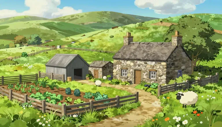 Visual representation of "croft" - A small area of farmland used for growing crops or keeping animals, typically coming with a smaller building like a home or barn.