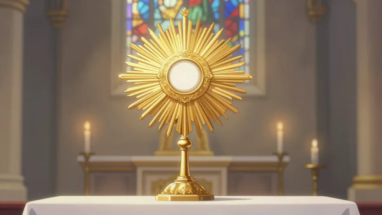 Visual representation of "monstrance" - A monstrance is a special vessel used in some Christian churches to hold and display the consecrated Eucharist for adoration.