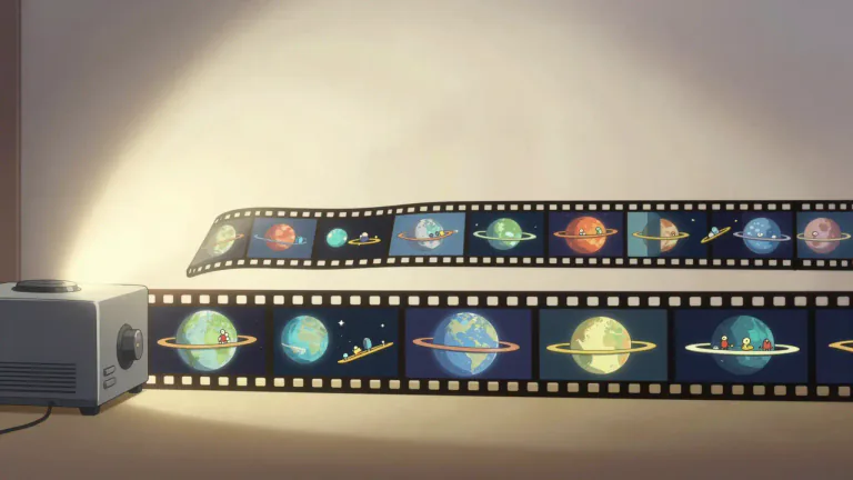 Visual representation of "filmstrip" - A filmstrip is a long strip of film that has a series of connected still images that can be shown in order on a screen.