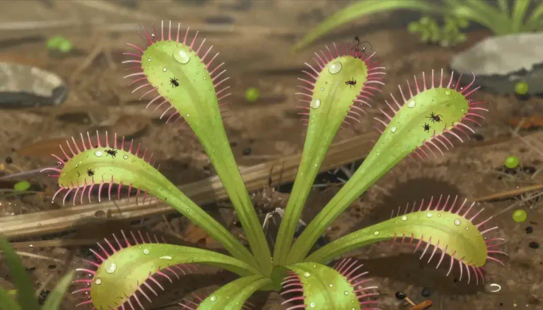 Visual representation of "sundew" - A type of plant with leaves covered in sticky hairs that trap insects for nutrition.