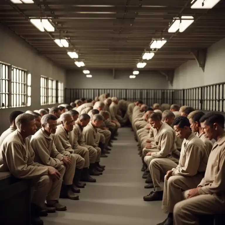Visual representation of "bullpen" - A large cell where prisoners who are together while they wait for trial