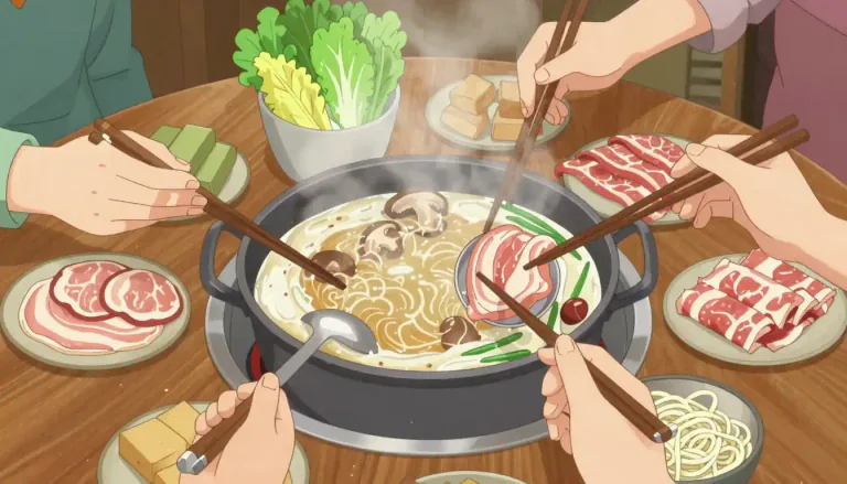 Visual representation of "hotpot" - A dish consisting of a simmering pot of broth at the center of the dining table in which various ingredients are cooked by diners.