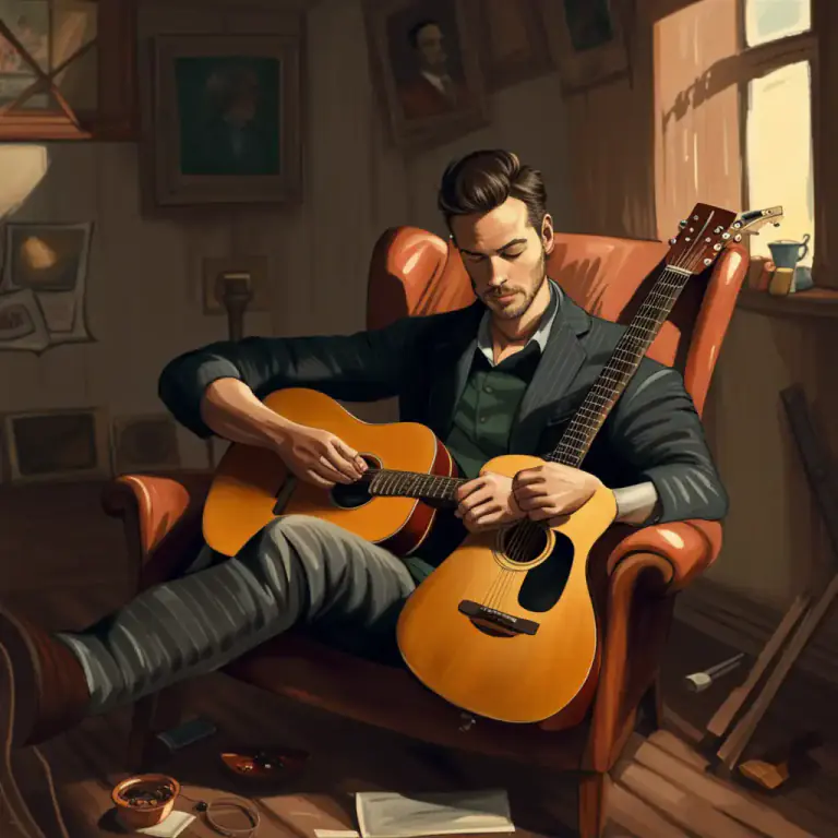 Visual representation of "pick at" - To play a stringed instrument, like a guitar, by plucking strings individually