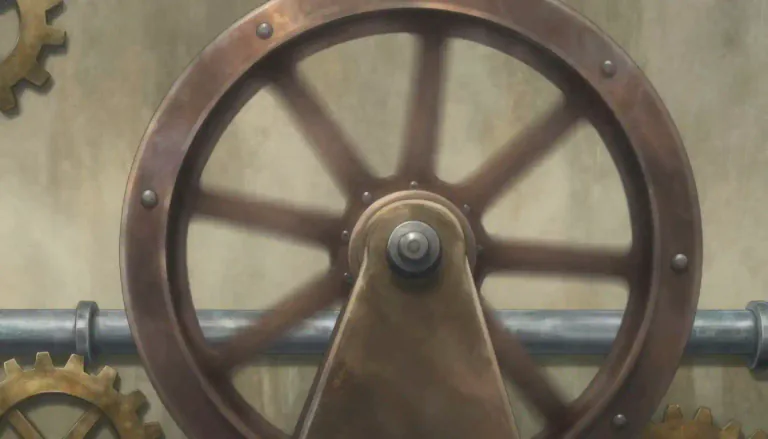 Visual representation of "flywheel" - A large heavy wheel that rotates in machines to make their motion smooth and steady.