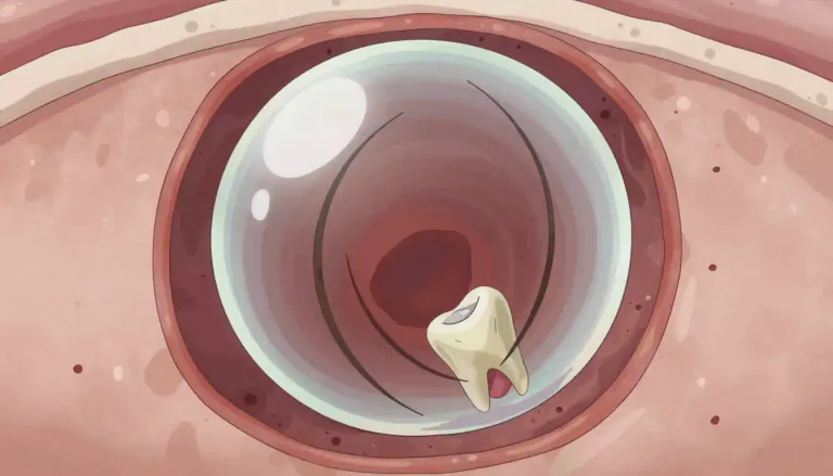 Visual representation of "dermoid" - A type of cystic tumor that contains tissues such as hair, skin, and teeth and typically arises from embryonic cells.