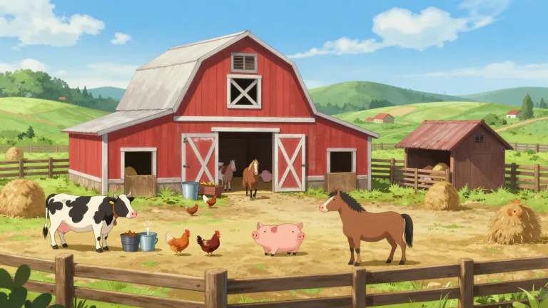 Visual representation of "barnyard" - The area and buildings around a farm where animals are kept.