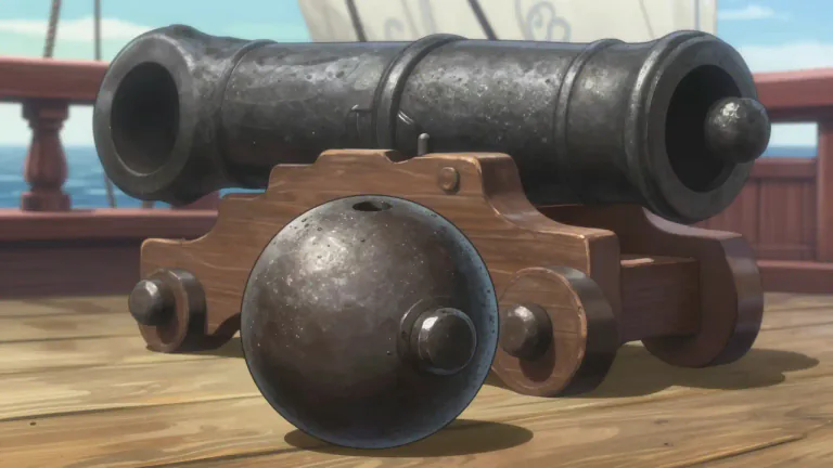 Visual representation of "cannonball" - A heavy round ball made out of metal that is shot from a large gun (a cannon)