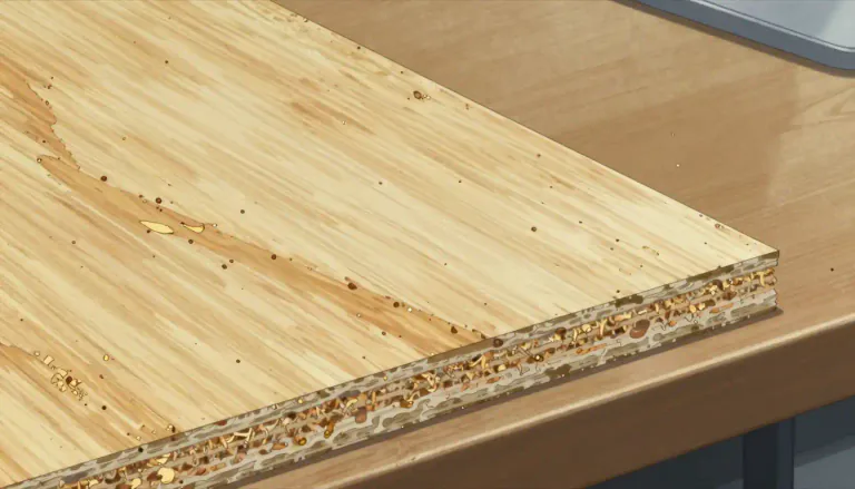 Visual representation of "particleboard" - A type of board made from small wood particles mixed with adhesive and pressed together to create a dense, sturdy material.