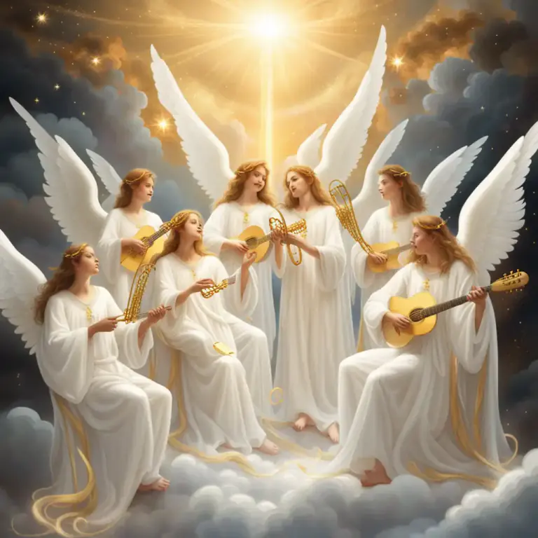 Visual representation of "choir" - An organized group of angels in heaven.